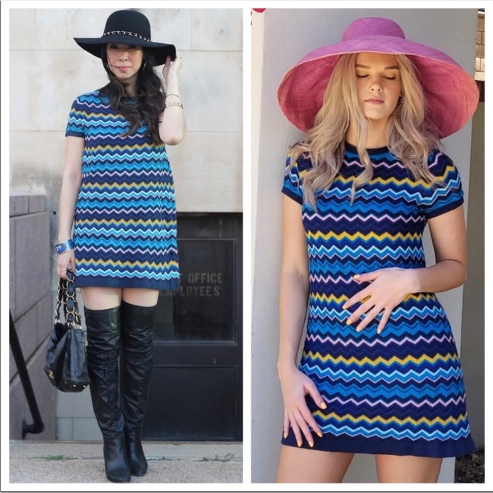 Missoni x Target Blue Gold Pink Chevron Dress knit lined short sleeve LARGE